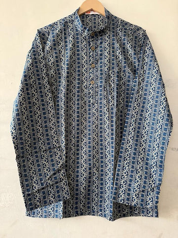 Natural Indigo Print Cotton Classic Short Kurta for Men