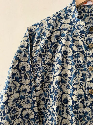 Natural Indigo Print Cotton Classic Short Kurta for Men