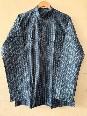 Natural Indigo Print Cotton Classic Short Kurta for Men