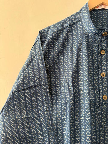 Natural Indigo Print Cotton Classic Short Kurta for Men