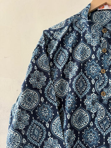 Natural Indigo Print Cotton Classic Short Kurta for Men