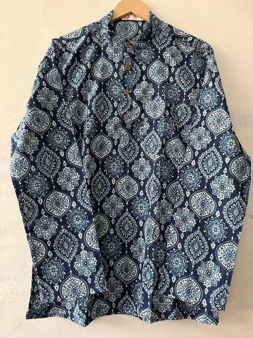 Natural Indigo Print Cotton Classic Short Kurta for Men