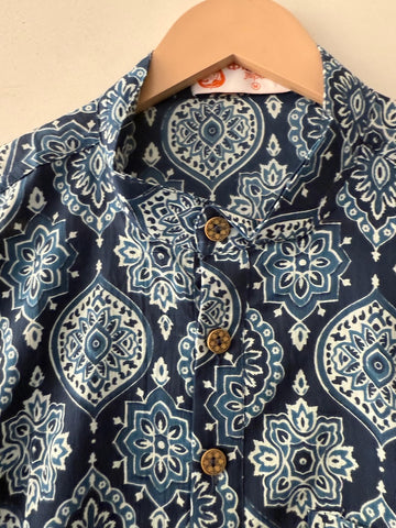 Natural Indigo Print Cotton Classic Short Kurta for Men