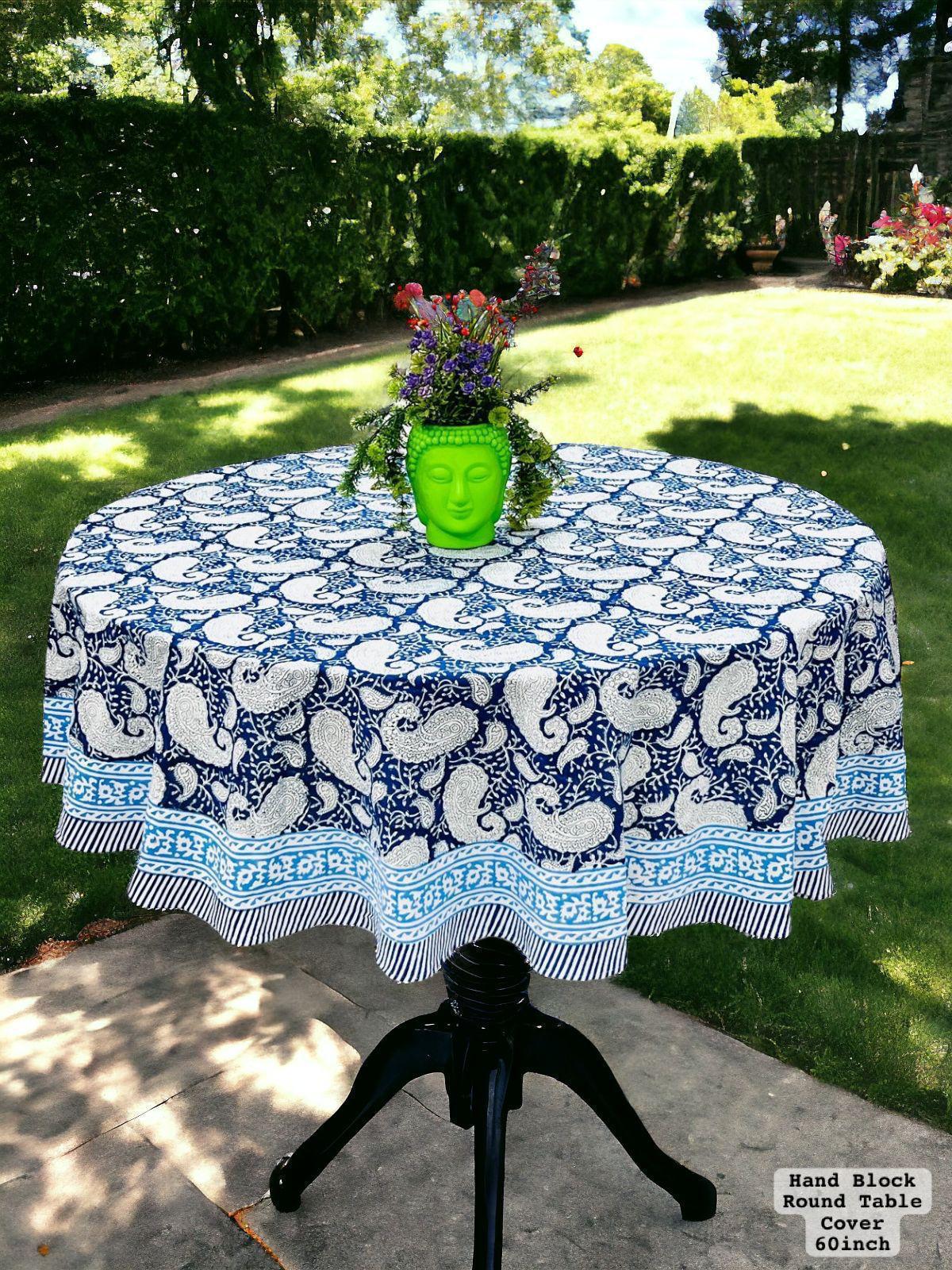 Hand Block Sanganeri Printed Round Dinning Table Cover For 4 Seater