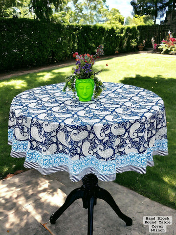 Hand Block Sanganeri Printed Round Dinning Table Cover For 4 Seater
