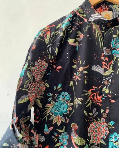 Jungle Print Cotton Full Sleeve Shirt for Men - Mandarin Collar