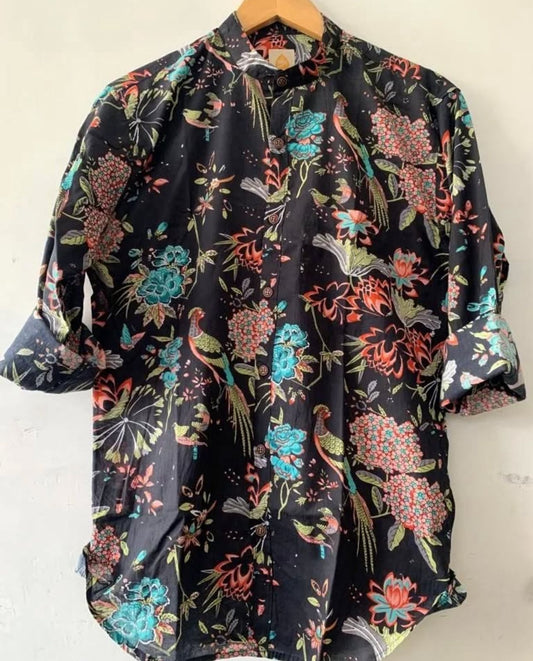 Jungle Print Cotton Full Sleeve Shirt for Men - Mandarin Collar