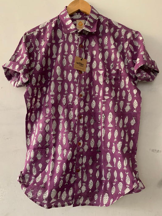 Purple Hand Block Fish Print Cotton Shirt for Men