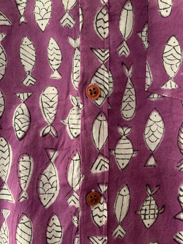 Purple Hand Block Fish Print Cotton Shirt for Men