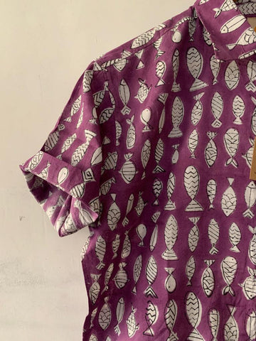 Purple Hand Block Fish Print Cotton Shirt for Men