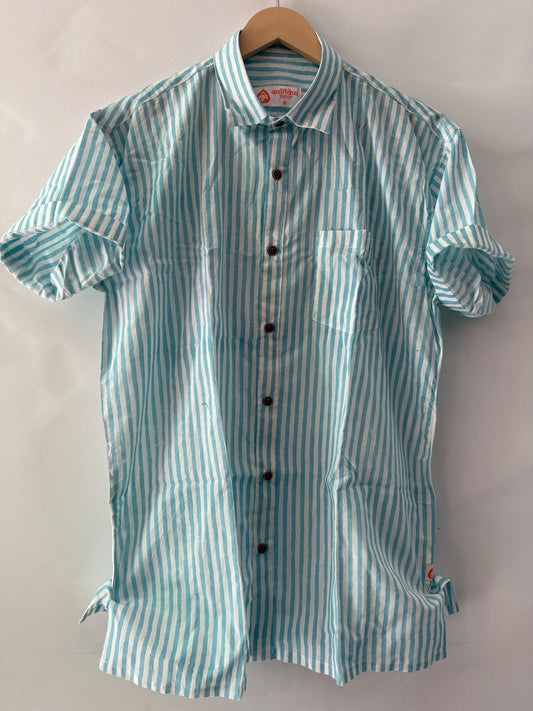 Blue Stripes Block Print Cotton Shirts For Men