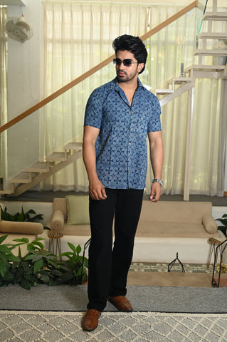 Block Print Plus Size Indigo Classic Cotton Shirt for Men