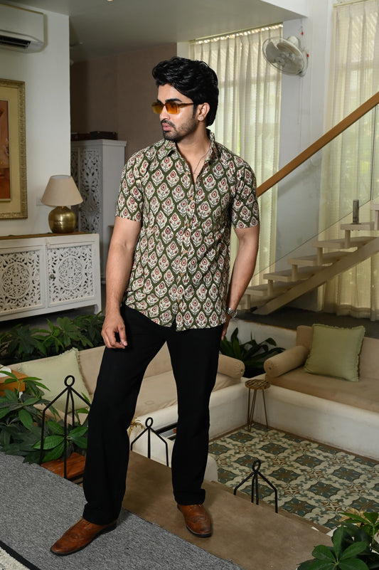Block Print Plus Size Classic Cotton Shirt for Men - Mehendi