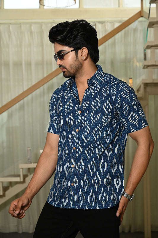Block Print Plus Size Classic Indigo Cotton Shirt for Men