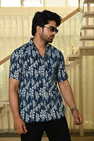 Block Print Plus Size Classic Indigo Cotton Shirt for Men