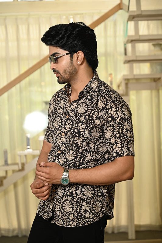 Block Print Plus Size Classic Kalamkari Cotton Shirt for Men