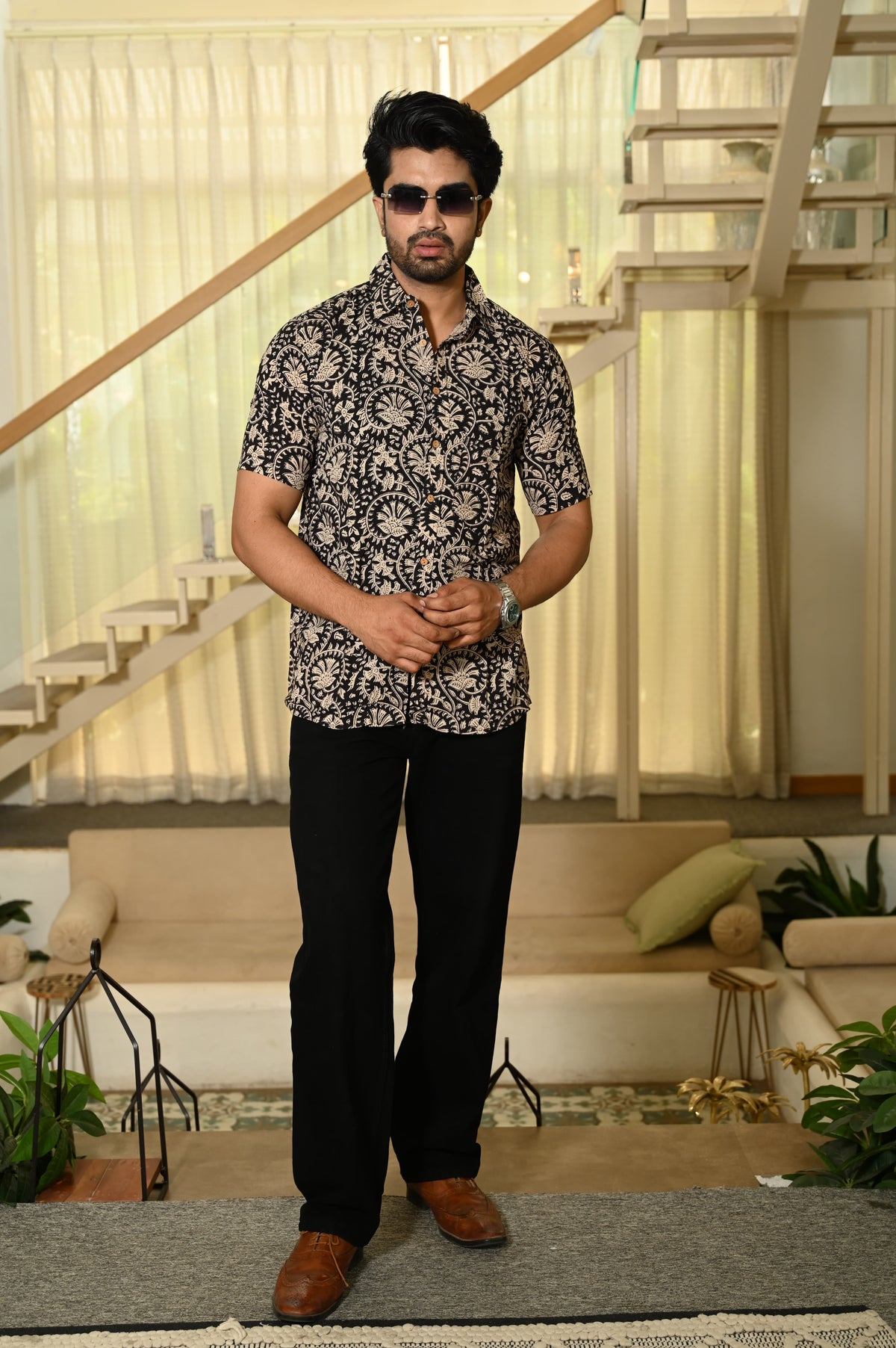 Block Print Plus Size Classic Kalamkari Cotton Shirt for Men