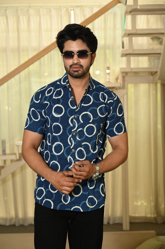 Block Print Plus Size Classic Indigo Cotton Shirt for Men