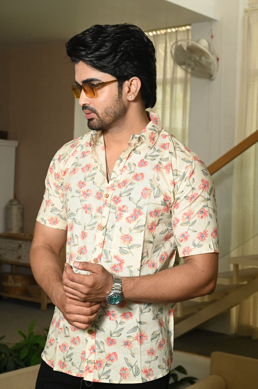Classic Floral Hand Block Plus Size Cotton Shirt for Men
