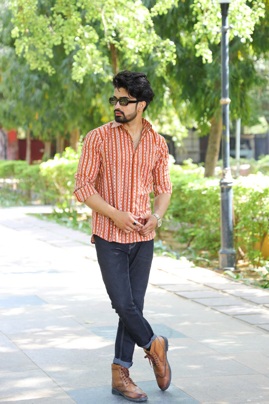 Block Printed Cotton Men Full Sleeves Shirt