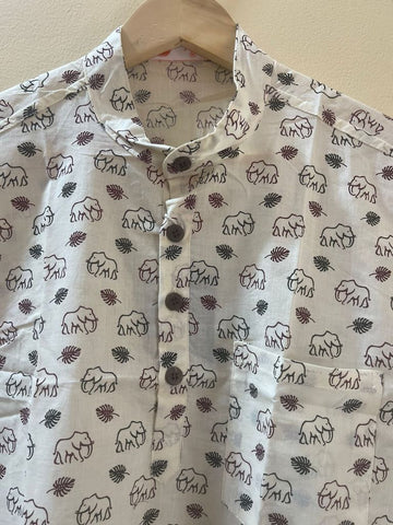 Small Elephant Print Half Sleeve Cotton Short Kurta for Men - Brown