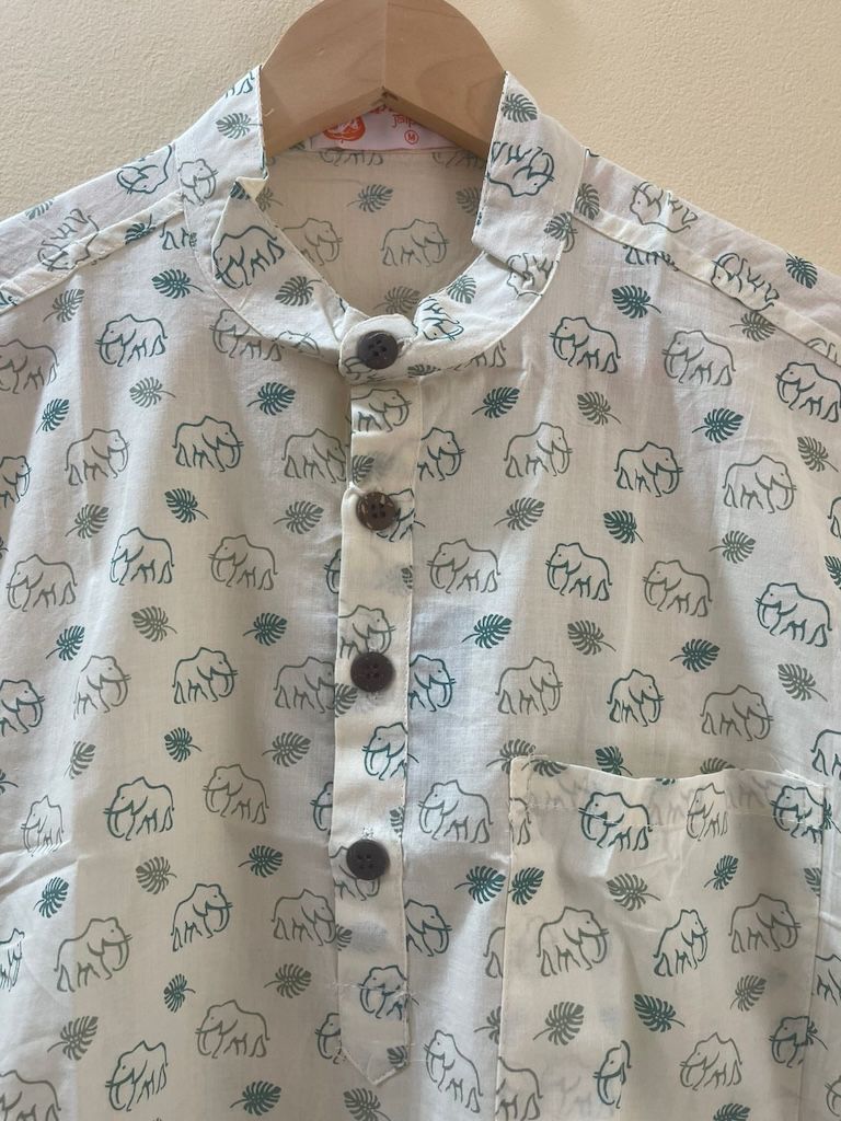 Small Elephant Print Half Sleeve Cotton Short Kurta for Men - Green