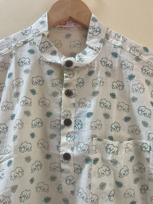 Small Elephant Print Half Sleeve Cotton Short Kurta for Men - Green