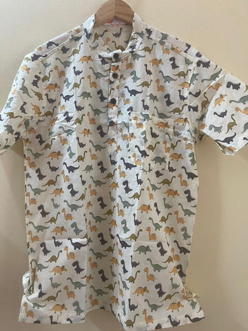 Dino Print Half Sleeve Cotton Short Kurta for Men