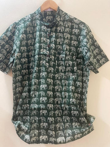 Elephant Print Half Sleeve Cotton Short Kurta for Men - Green