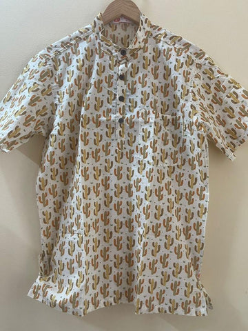 Cactus Print Half Sleeve Cotton Short Kurta for Men