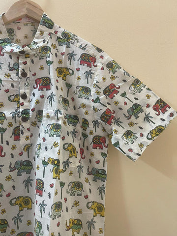 Small Elephant Print Half Sleeve Cotton Short Kurta for Men