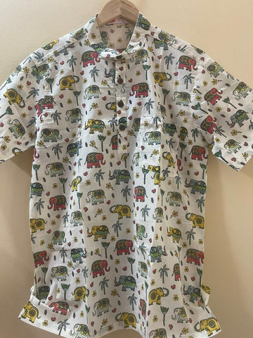 Small Elephant Print Half Sleeve Cotton Short Kurta for Men