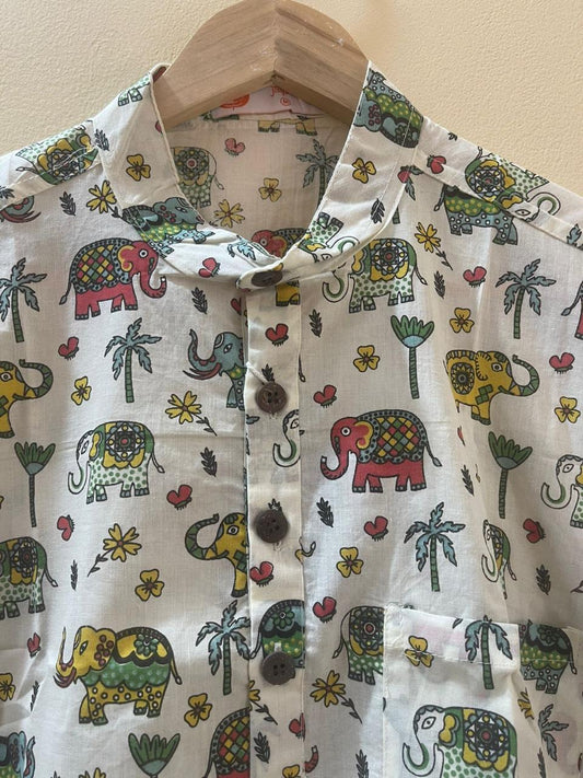 Small Elephant Print Half Sleeve Cotton Short Kurta for Men