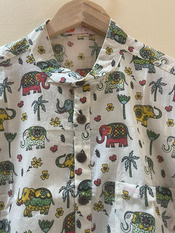 Small Elephant Print Half Sleeve Cotton Short Kurta for Men