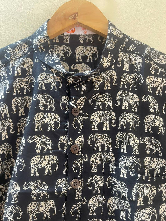 Small Elephant Print Half Sleeve Cotton Short Kurta for Men - Black