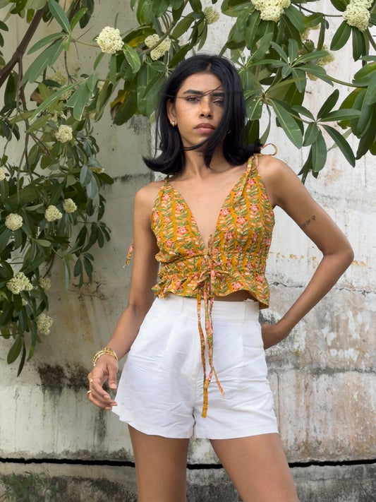 Floral Print Cotton Drawstring Lace Bralette Top