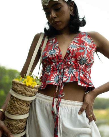 Floral Print Cotton Drawstring Lace Bralette Top