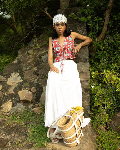 Floral Print Cotton Drawstring Lace Bralette Top