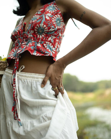 Floral Print Cotton Drawstring Lace Bralette Top