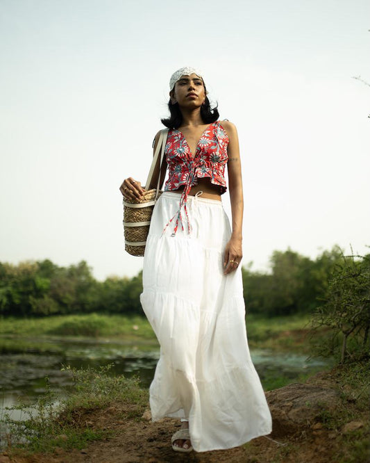 Floral Print Cotton Drawstring Lace Bralette Top