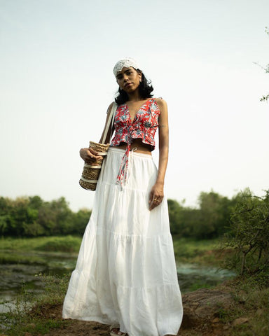Floral Print Cotton Drawstring Lace Bralette Top