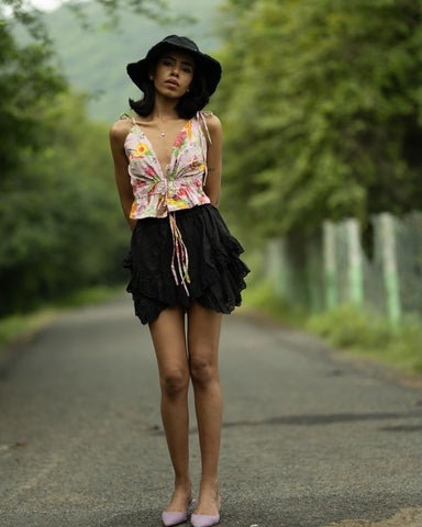 Floral Print Cotton Drawstring Lace Bralette Top