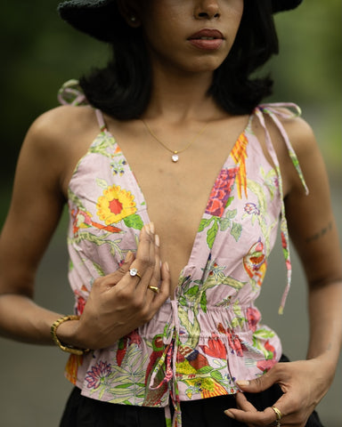 Floral Print Cotton Drawstring Lace Bralette Top