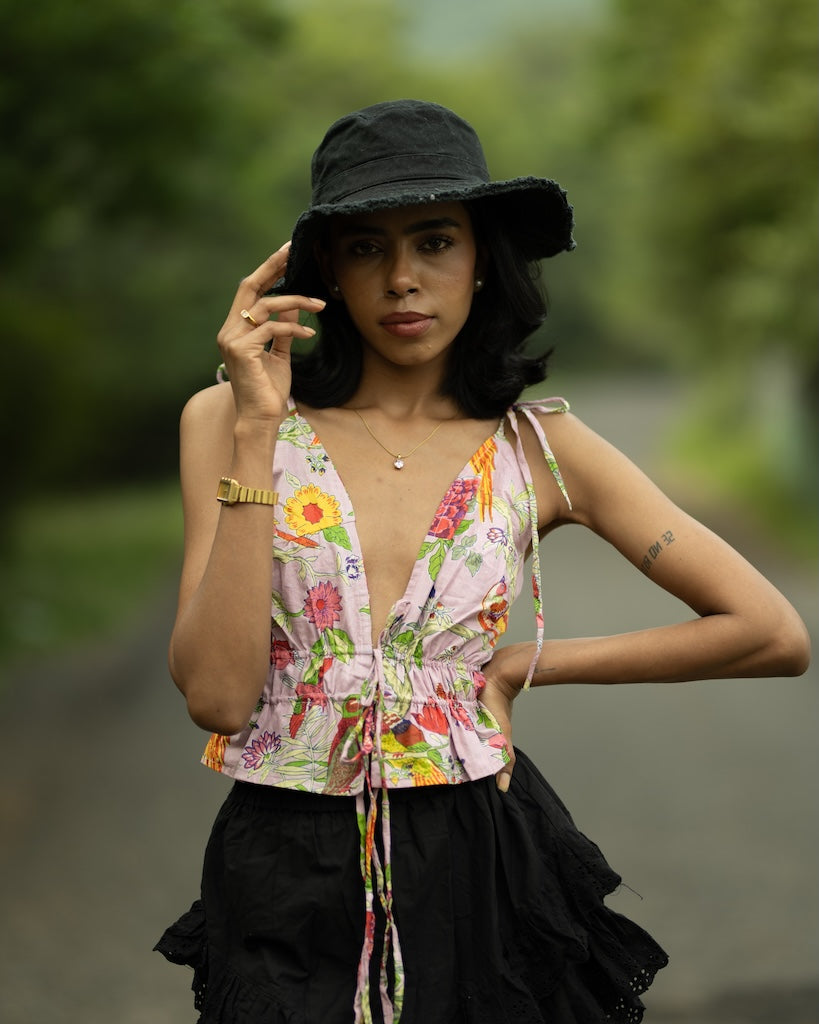 Floral Print Cotton Drawstring Lace Bralette Top