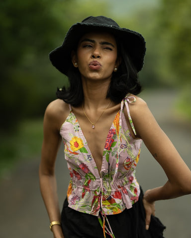 Floral Print Cotton Drawstring Lace Bralette Top