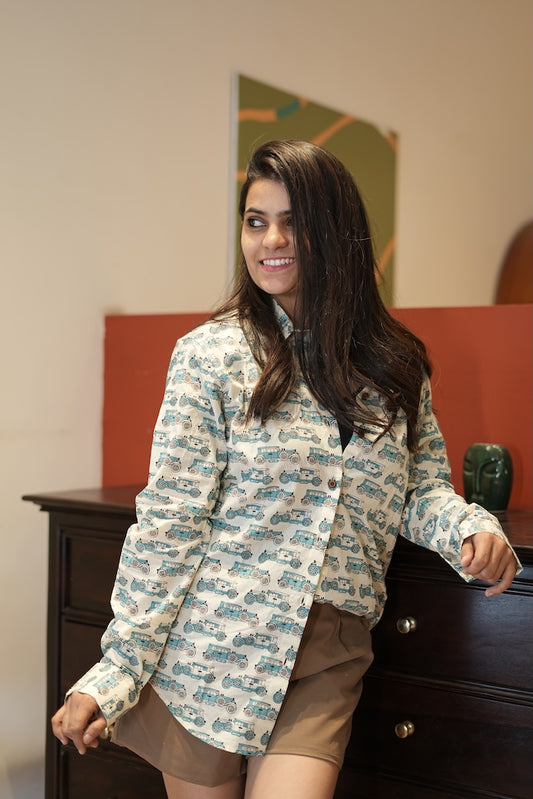 Loose Fit Oversized Vintage Car Print Shirt for Women
