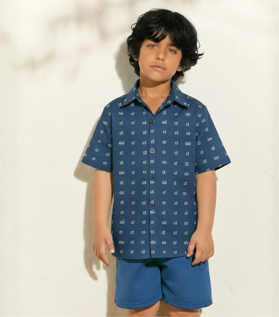 Classic Kannada Alphabet Cotton Shirt For Boys - Blue