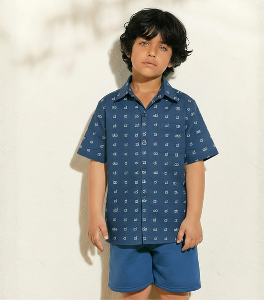 Classic Kannada Alphabet Cotton Shirt For Boys - Blue