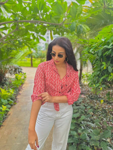 Block Print Women Oversized Shirt with Bralette Combo X Kavya Shetty