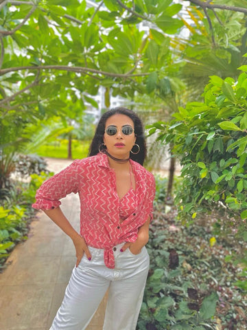 Block Print Women Oversized Shirt with Bralette Combo X Kavya Shetty